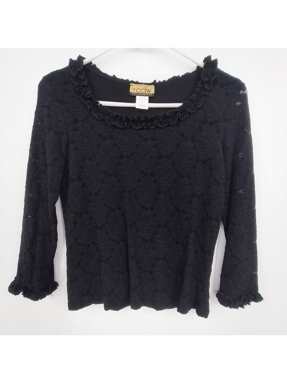 CDW Black Floral Rose Top Women Medium Lace Ruffle Neck Cuffs Long Sleeve USA